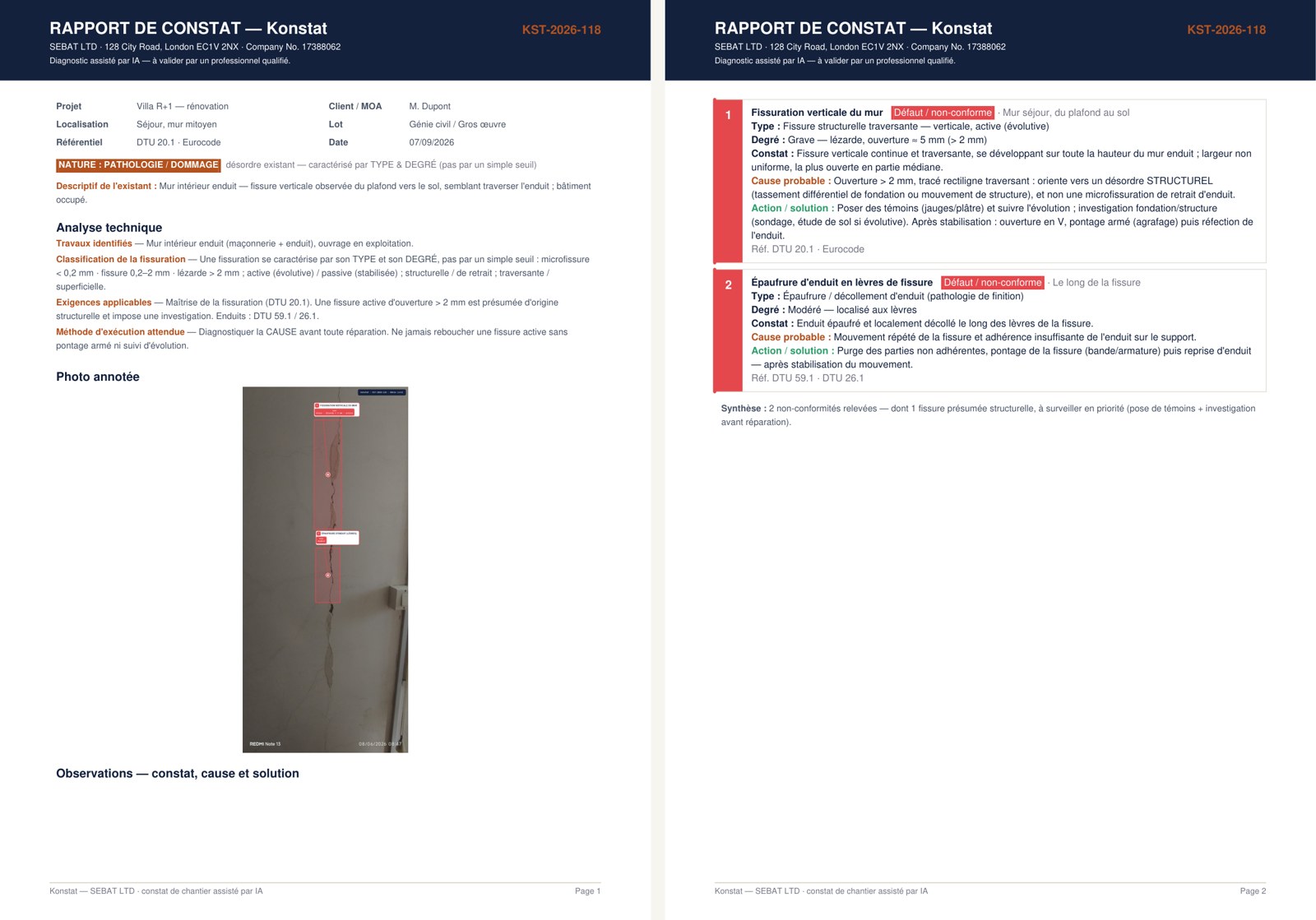 Aperçu du rapport PDF Konstat (constat, cause, solution, références DTU)